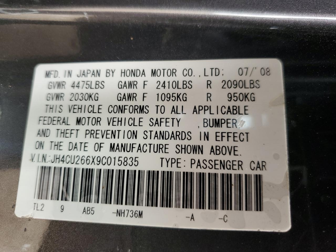 2009 Acura Tsx VIN: JH4CU266X9C015835 Lot: 92726205