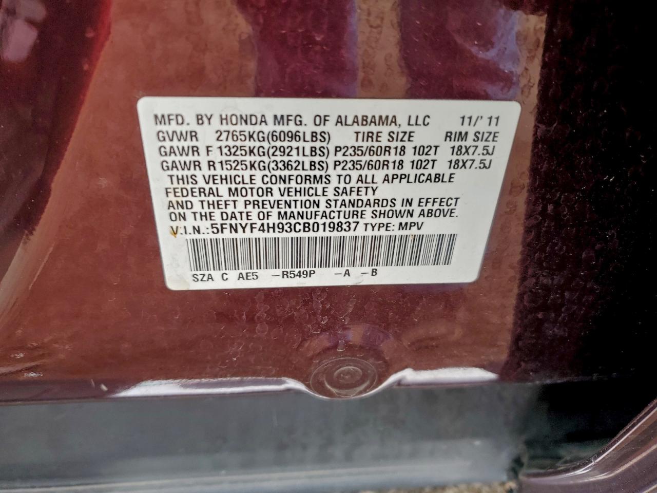 2012 Honda Pilot Touring VIN: 5FNYF4H93CB019837 Lot: 93224115