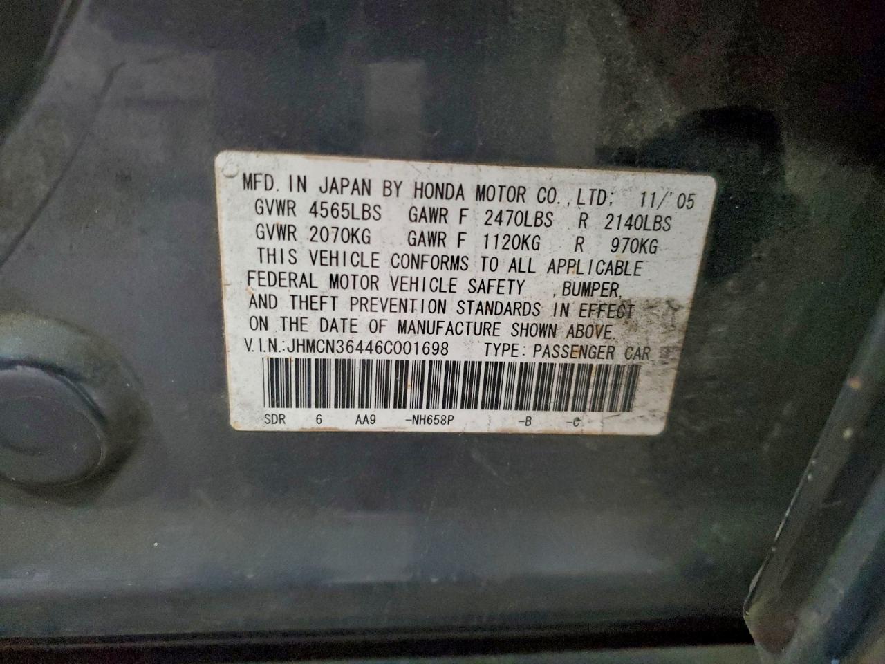 2006 Honda Accord Hybrid VIN: JHMCN36446C001698 Lot: 93705505