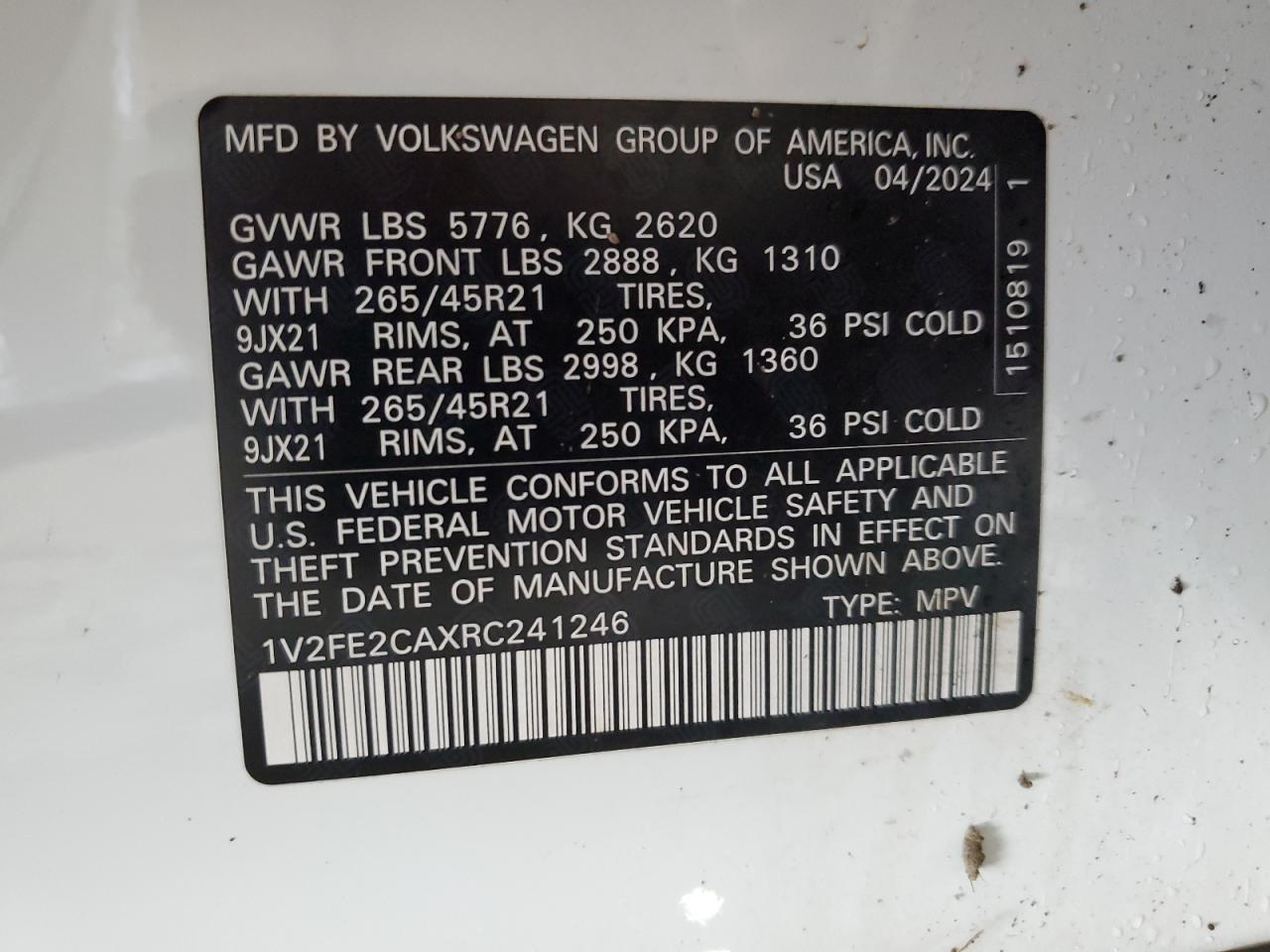 2024 Volkswagen Atlas Cross Sport Sel Premium R-Line VIN: 1V2FE2CAXRC241246 Lot: 92536955