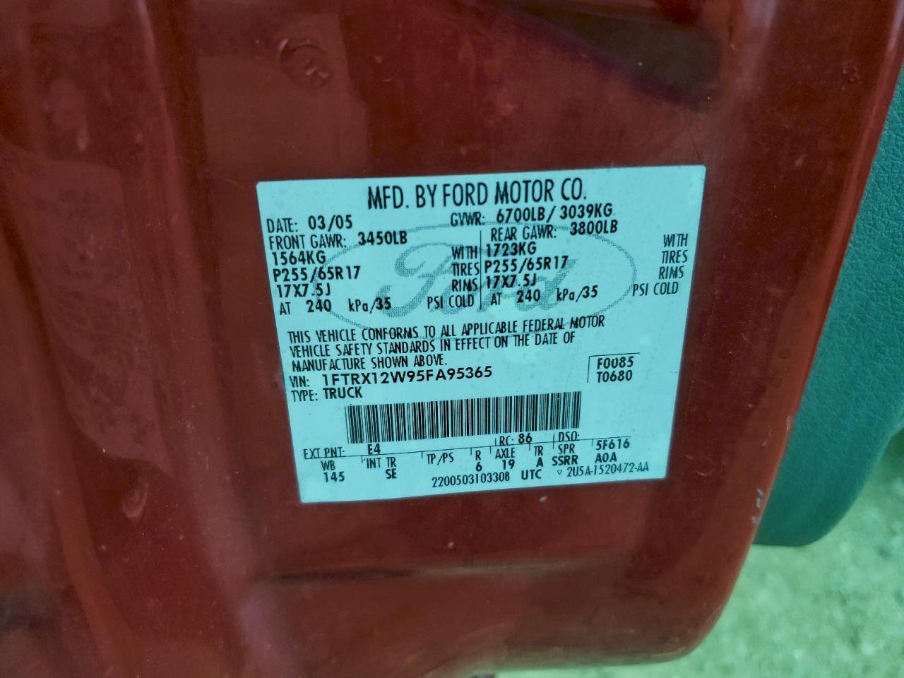 2005 Ford F150 VIN: 1FTRX12W95FA95365 Lot: 89565675