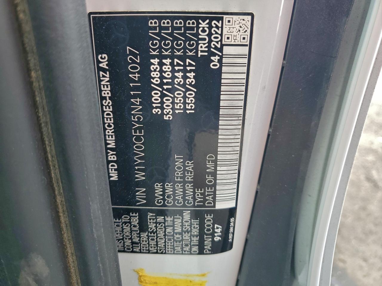 2022 Mercedes-Benz Metris VIN: W1YV0CEY5N4114027 Lot: 93642365