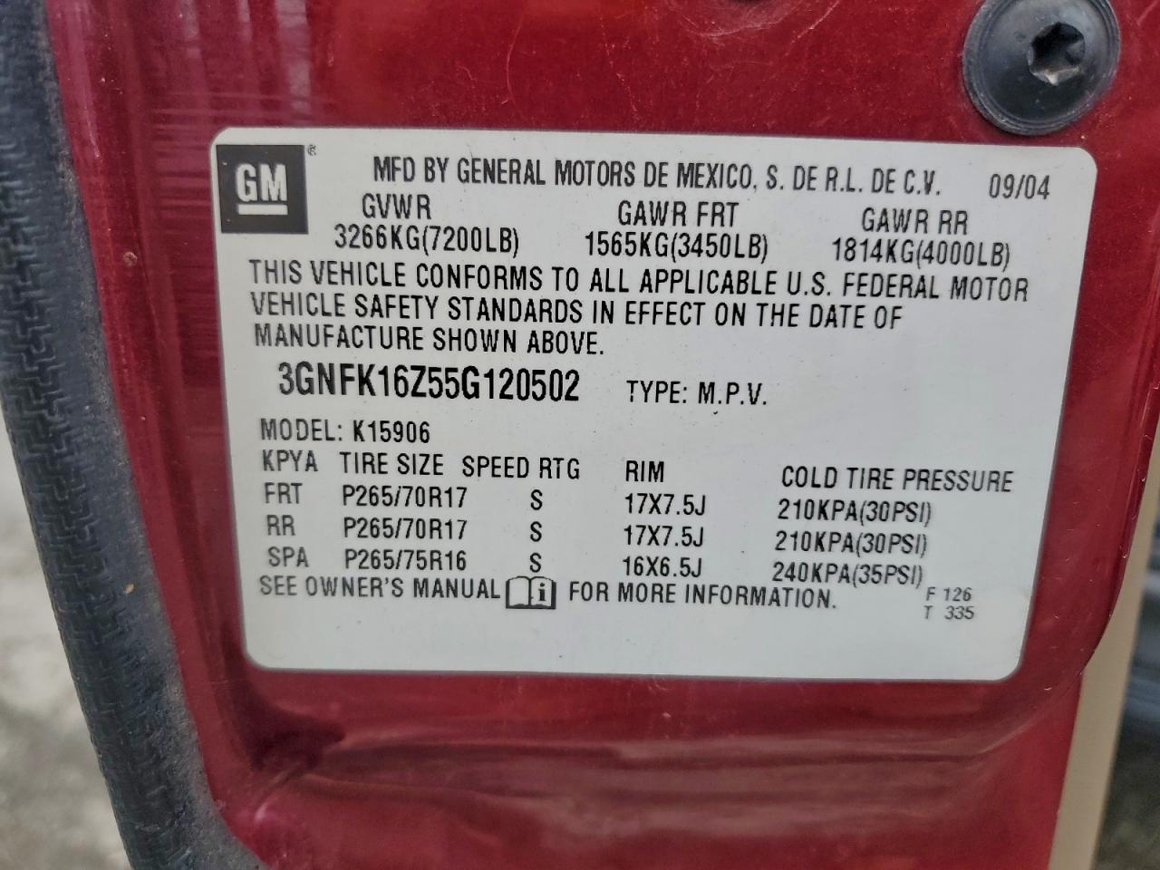 2005 Chevrolet Suburban K1500 VIN: 3GNFK16Z55G120502 Lot: 93849595