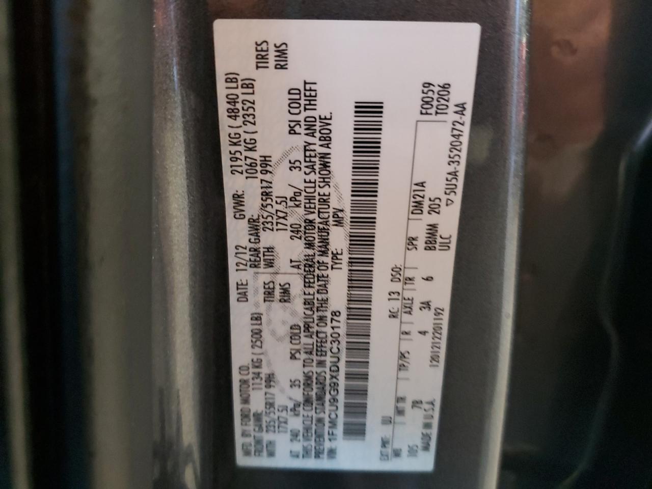 2013 Ford Escape Se VIN: 1FMCU9G9XDUC30178 Lot: 91383265