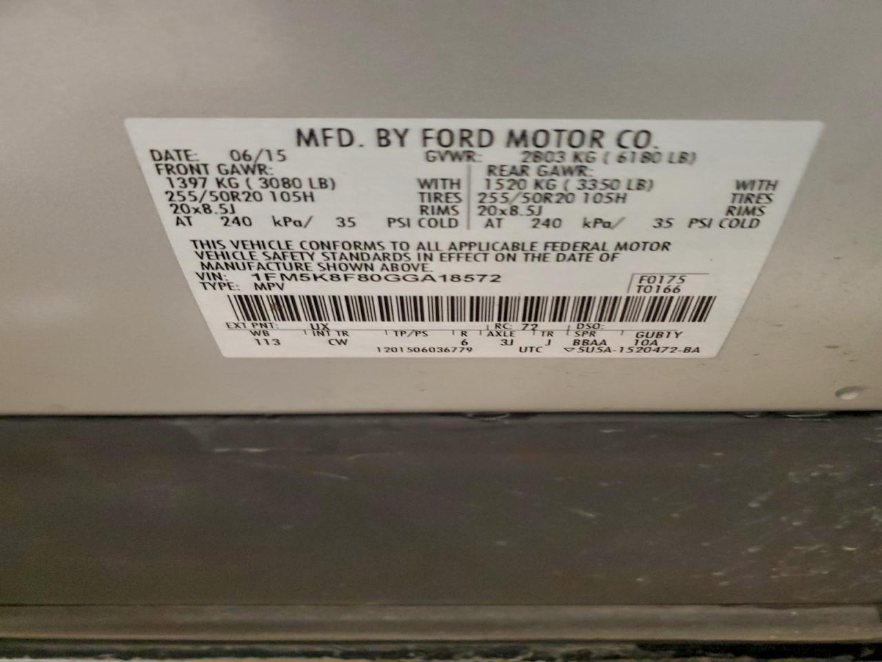 2016 Ford Explorer Limited VIN: 1FM5K8F80GGA18572 Lot: 93528735