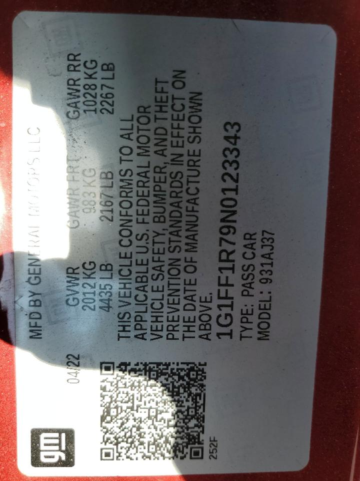 2022 Chevrolet Camaro Lt1 VIN: 1G1FF1R79N0123343 Lot: 91720725