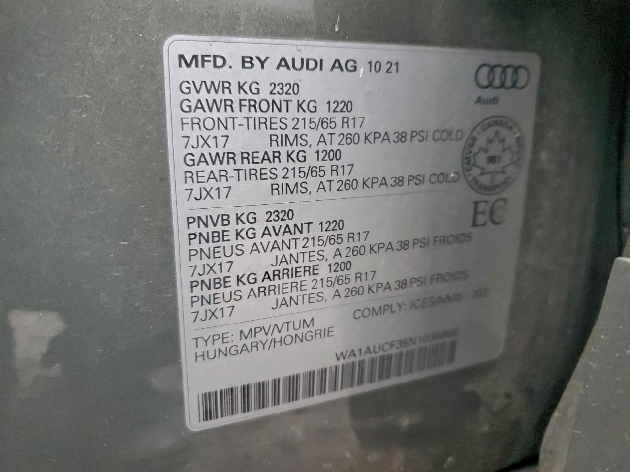 2022 Audi Q3 Premium 40 VIN: WA1AUCF35N1035866 Lot: 93832155