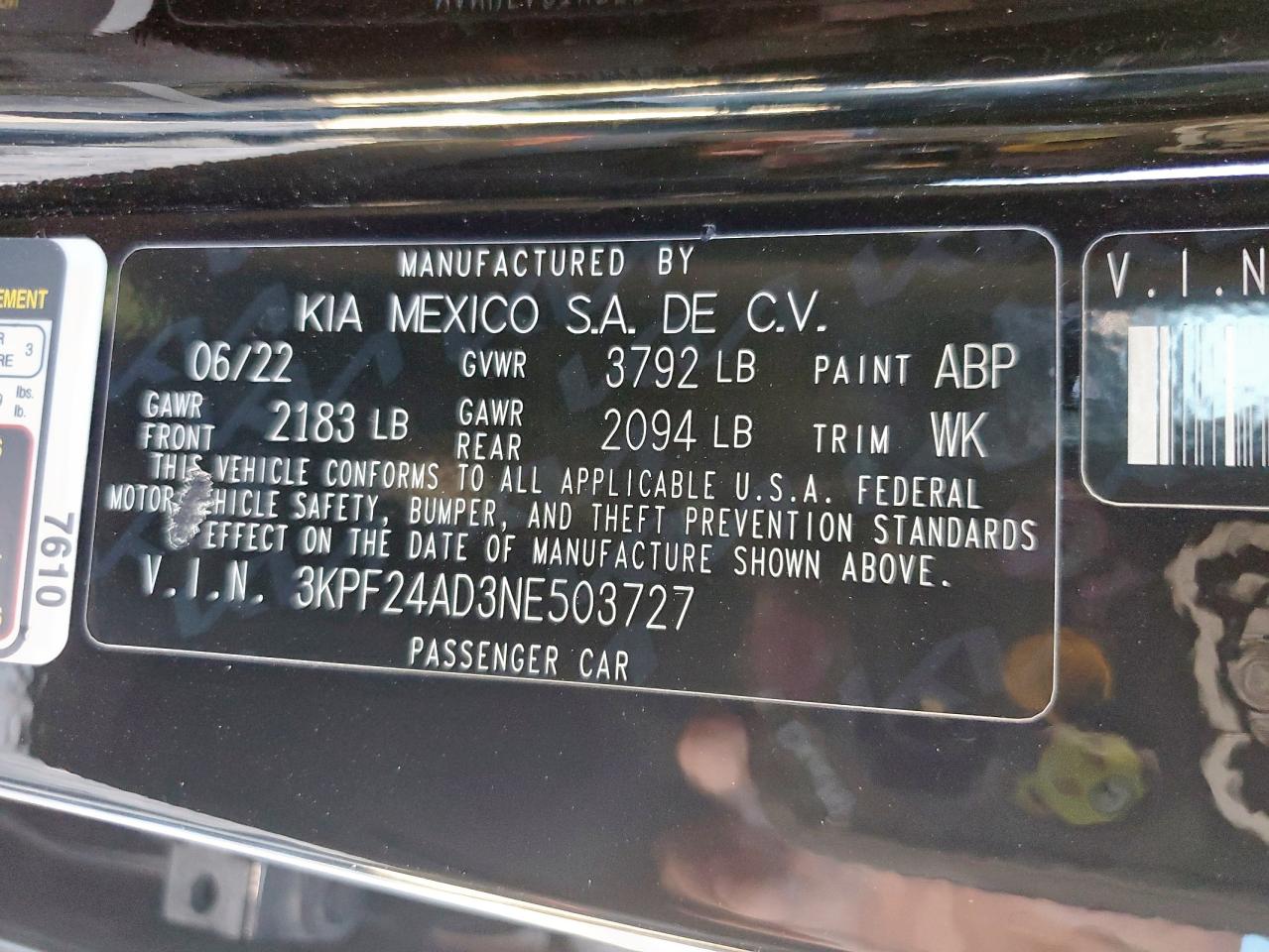 2022 Kia Forte Fe VIN: 3KPF24AD3NE503727 Lot: 92107185