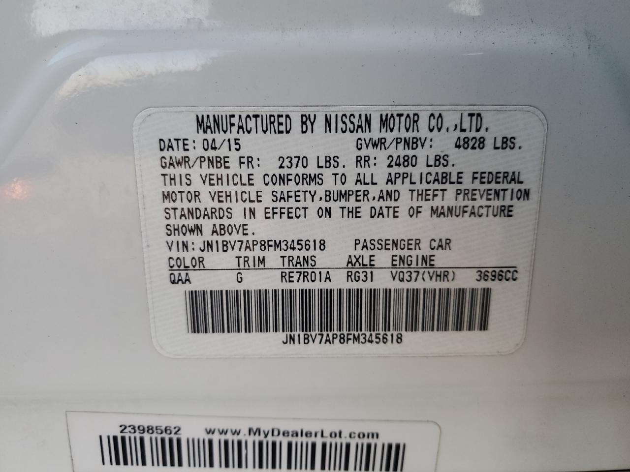 2015 Infiniti Q50 Base VIN: JN1BV7AP8FM345618 Lot: 92301375