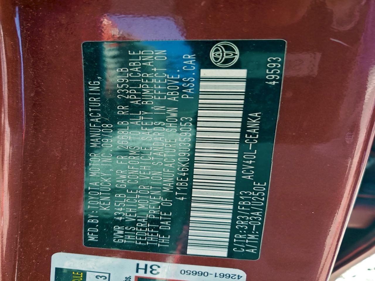 2009 Toyota Camry Base VIN: 4T1BE46K09U359053 Lot: 94349955