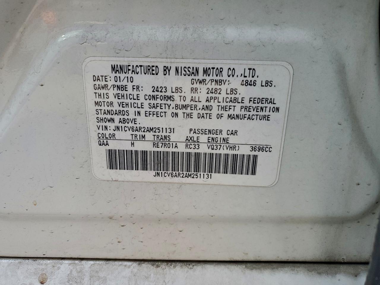 2010 Infiniti G37 VIN: JN1CV6AR2AM251131 Lot: 94367835