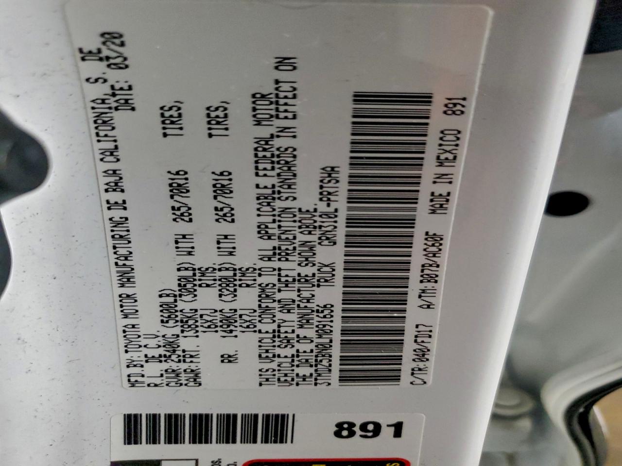 2020 Toyota Tacoma Double Cab VIN: 3TMDZ5BN0LM091656 Lot: 93598295