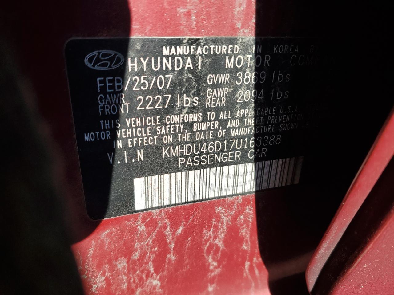 2007 Hyundai Elantra Gls VIN: KMHDU46D17U163388 Lot: 93198635