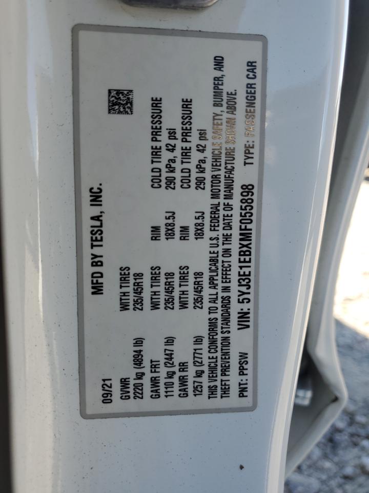 2021 Tesla Model 3 VIN: 5YJ3E1EBXMF055898 Lot: 90216795