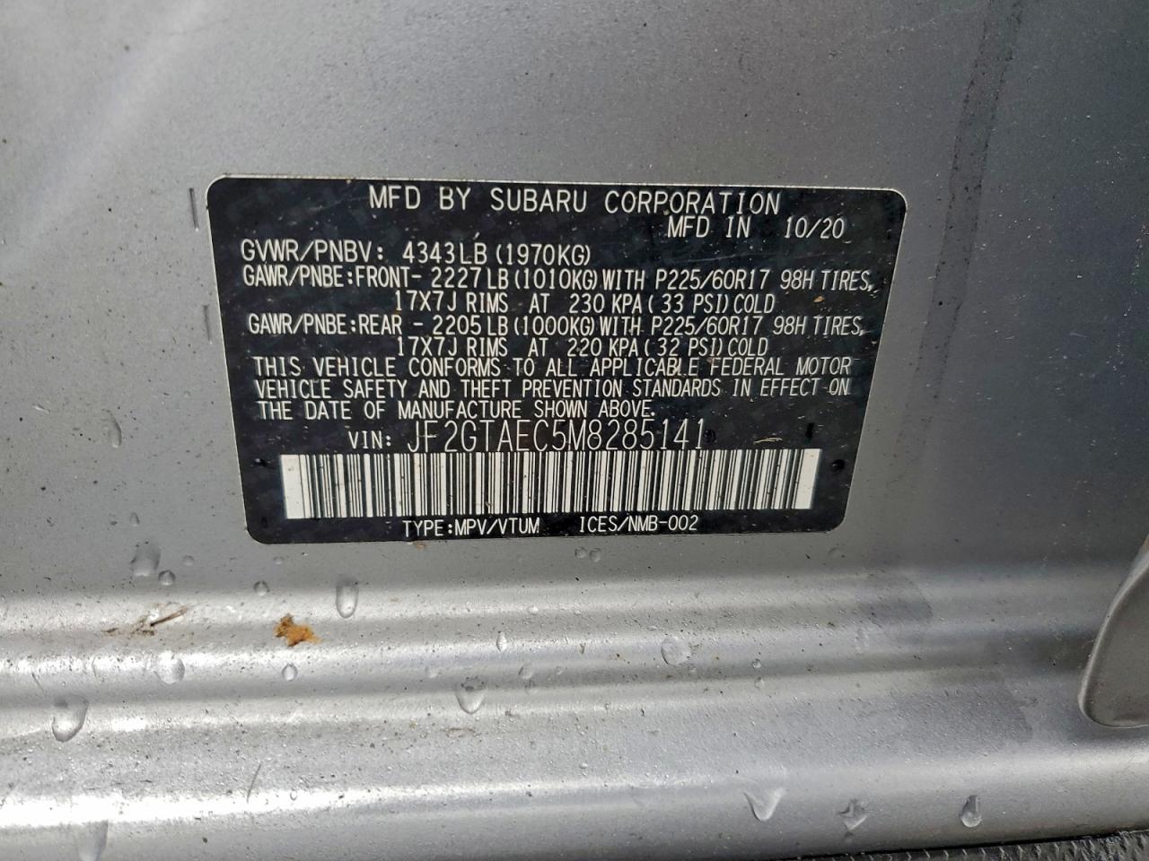 2021 Subaru Crosstrek Premium VIN: JF2GTAEC5M8285141 Lot: 93757195