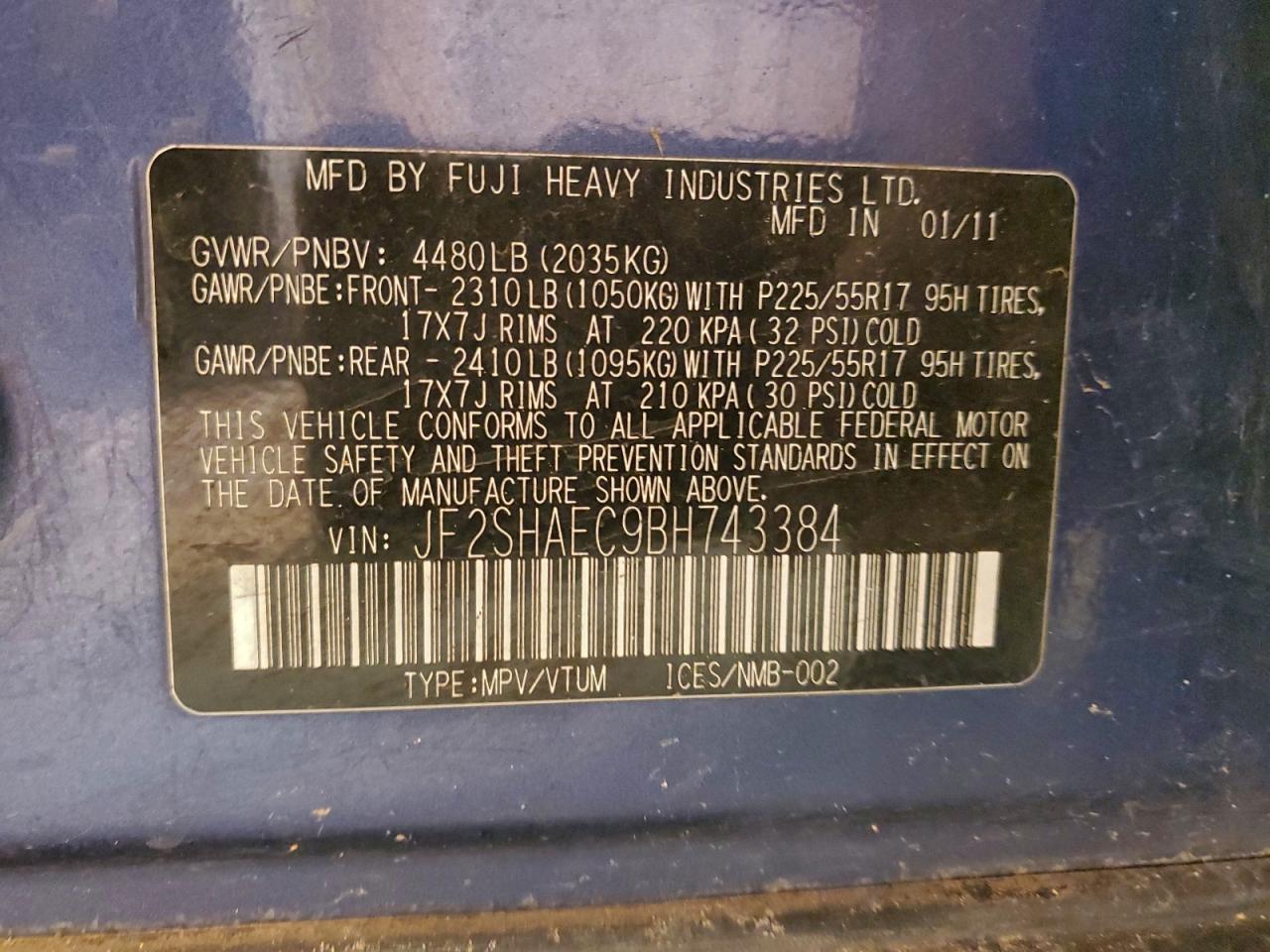 2011 Subaru Forester Limited VIN: JF2SHAEC9BH743384 Lot: 94679195