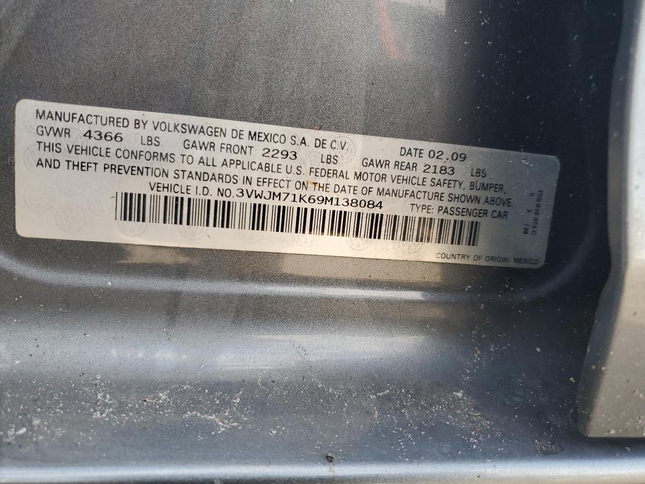 2009 Volkswagen Jetta S VIN: 3VWJM71K69M138084 Lot: 85429525