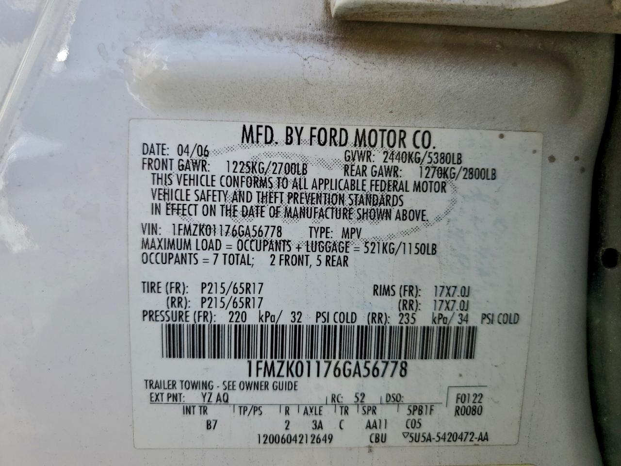 2006 Ford Freestyle Se VIN: 1FMZK01176GA56778 Lot: 94379715