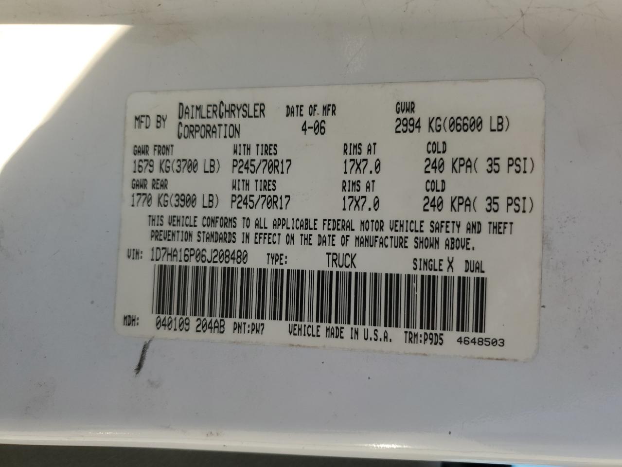 2006 Dodge Ram 1500 St VIN: 1D7HA16P06J208480 Lot: 91588905