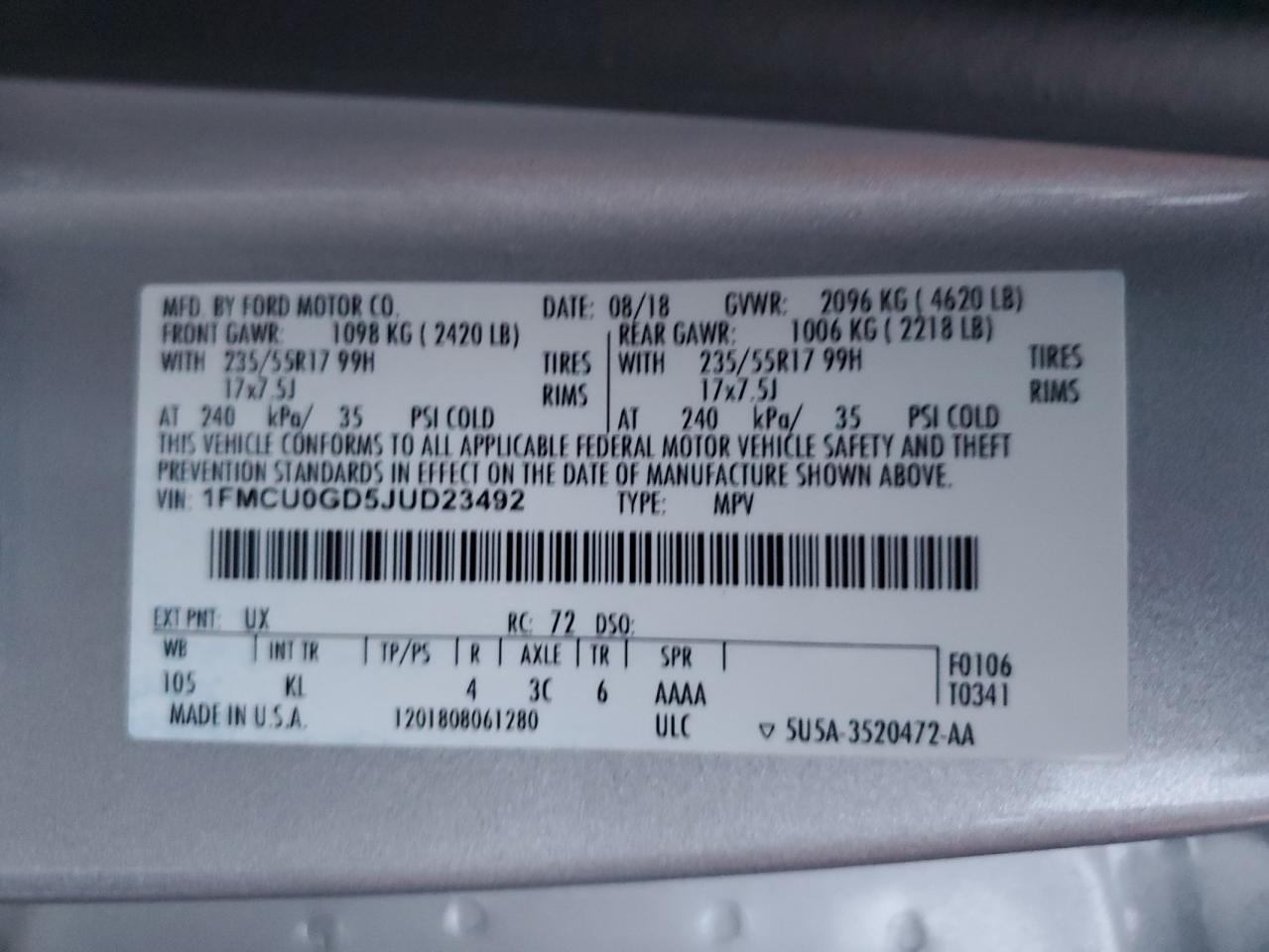 2018 Ford Escape Se VIN: 1FMCU0GD5JUD23492 Lot: 92726325