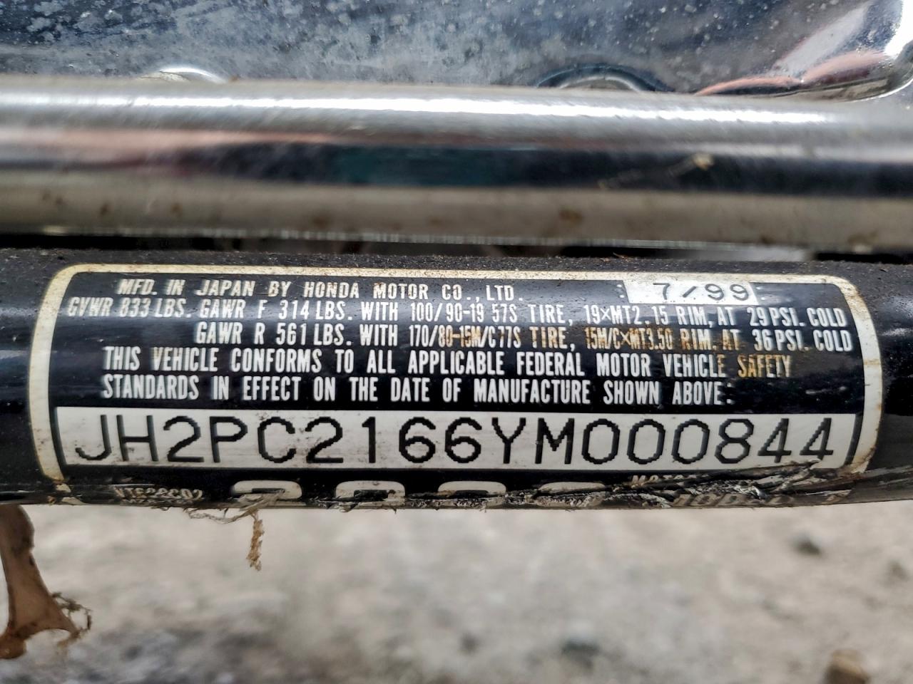 2000 Honda Vt600 Cd2 VIN: JH2PC2166YM000844 Lot: 90947895