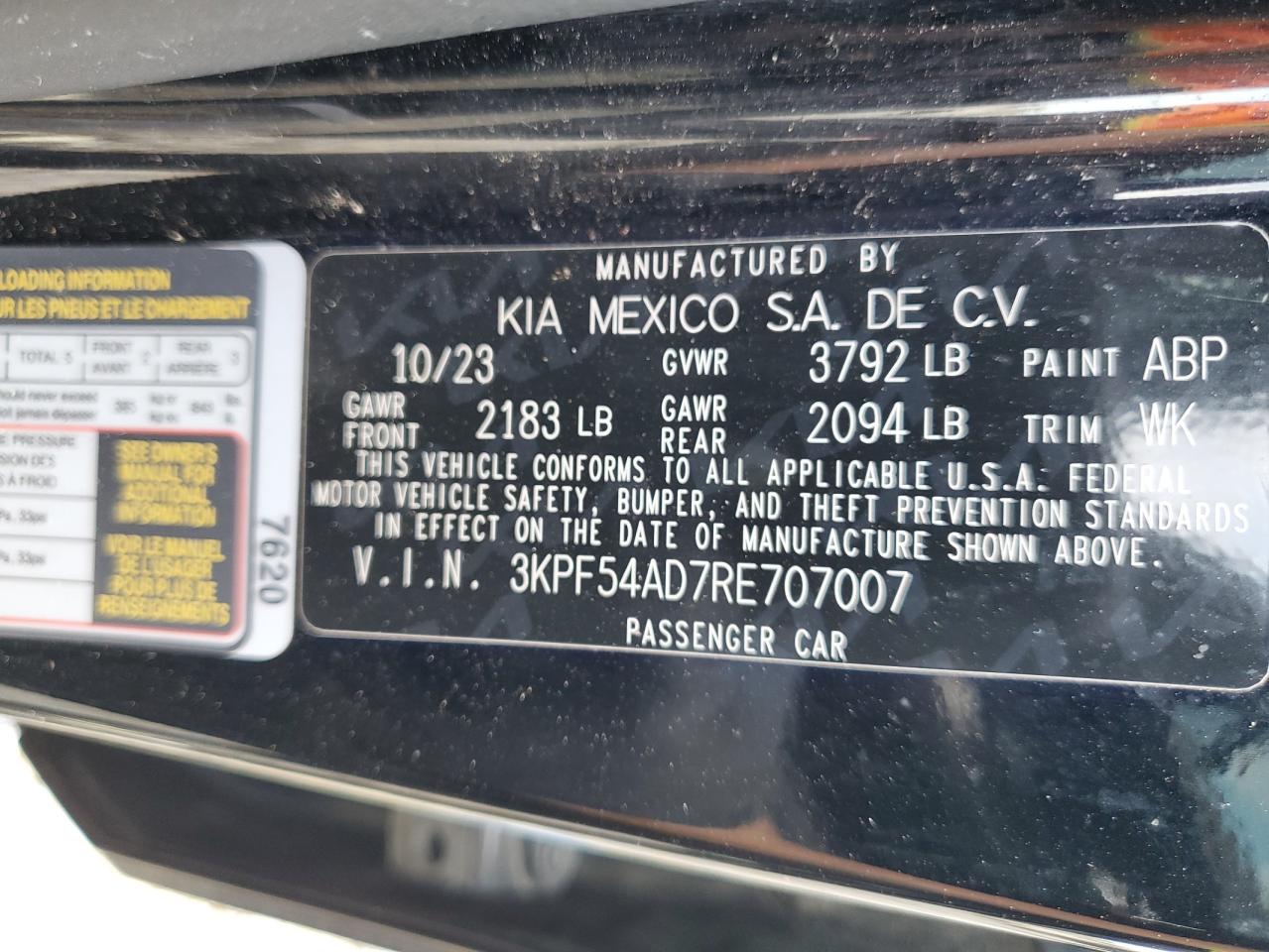 2024 Kia Forte Gt Line VIN: 3KPF54AD7RE707007 Lot: 93049265