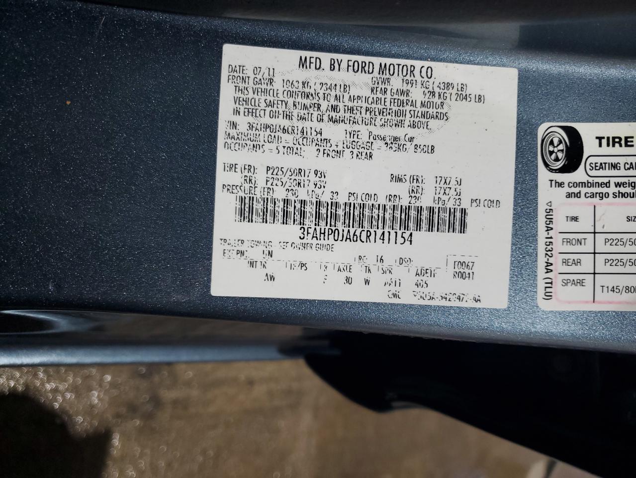 2012 Ford Fusion Sel VIN: 3FAHP0JA6CR141154 Lot: 90805375