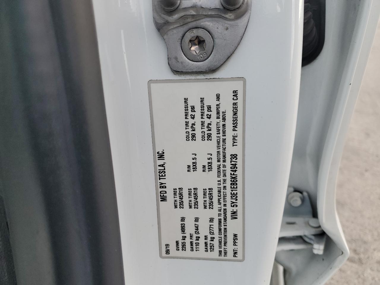 2019 Tesla Model 3 VIN: 5YJ3E1EB6KF494738 Lot: 87106705