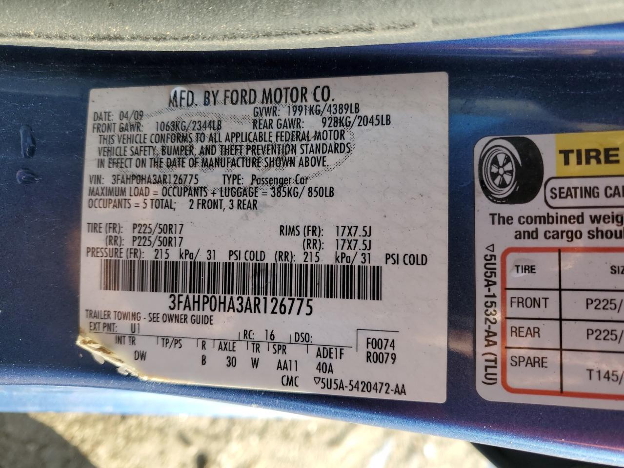 2010 Ford Fusion Se VIN: 3FAHP0HA3AR126775 Lot: 93650115