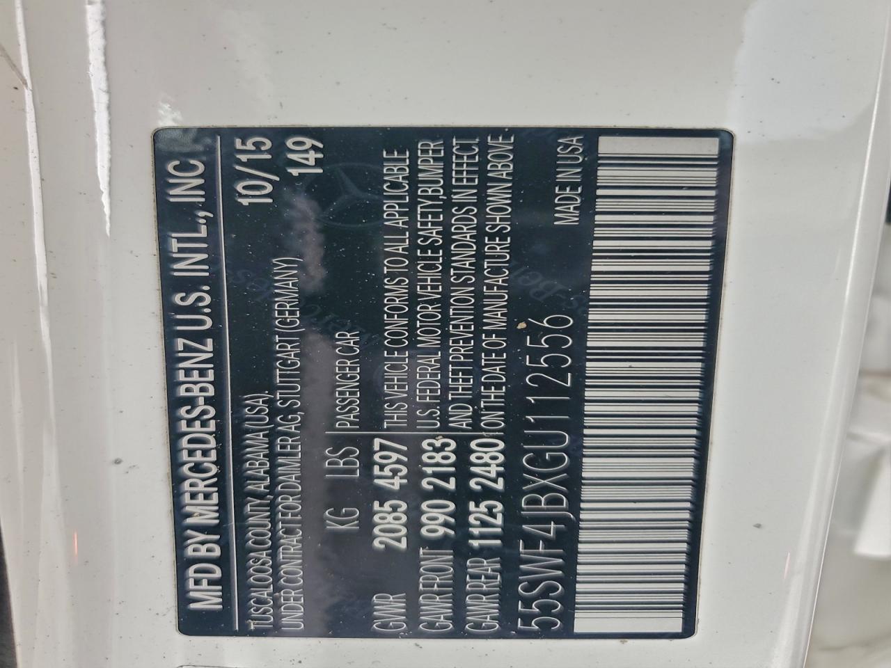 2016 Mercedes-Benz C 300 VIN: 55SWF4JBXGU112556 Lot: 94569205