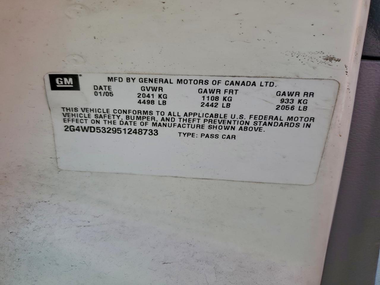 2005 Buick Lacrosse Cxl VIN: 2G4WD532951248733 Lot: 92572725