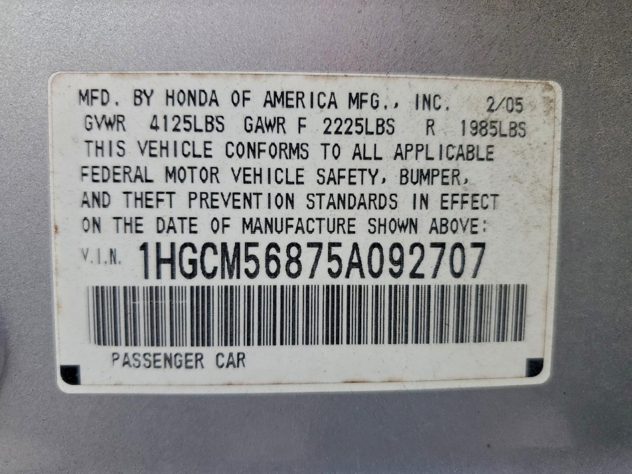 2005 Honda Accord Ex VIN: 1HGCM56875A092707 Lot: 94177145