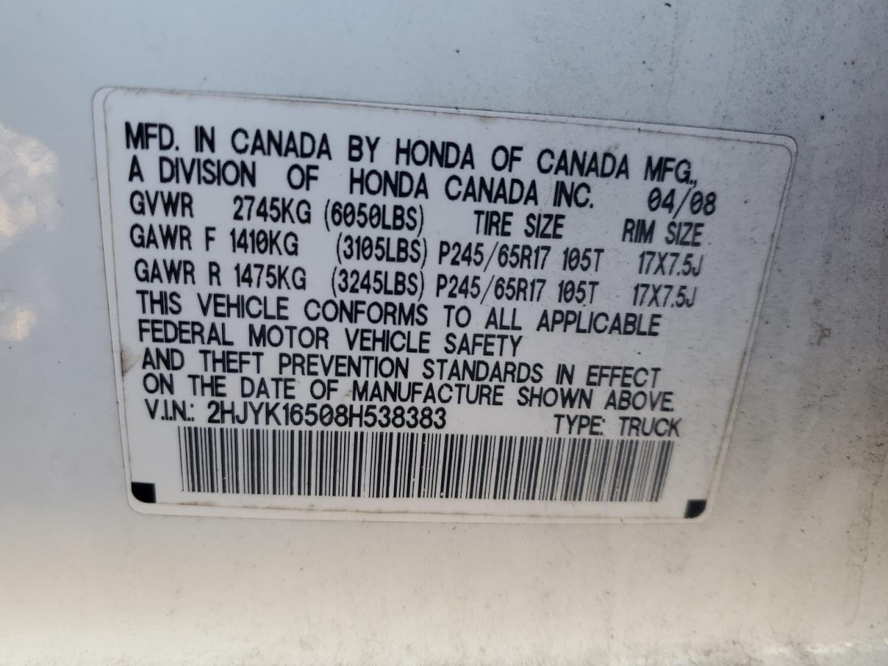 2008 Honda Ridgeline Rtl VIN: 2HJYK16508H538383 Lot: 92379255