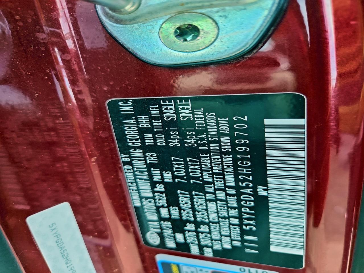 2017 Kia Sorento Lx VIN: 5XYPGDA52HG199702 Lot: 92918395