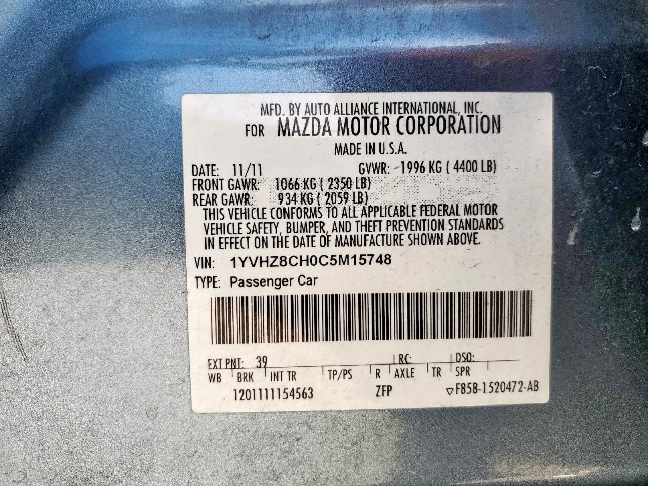 2012 Mazda 6 I VIN: 1YVHZ8CH0C5M15748 Lot: 92482925