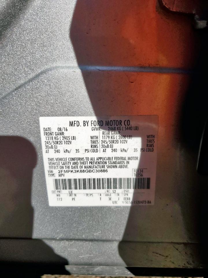 2016 Ford Edge Titanium VIN: 2FMPK3K88GBC30886 Lot: 91301545