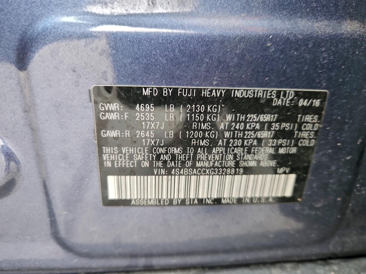 2016 Subaru Outback 2.5I Premium VIN: 4S4BSACCXG3328819 Lot: 93708185