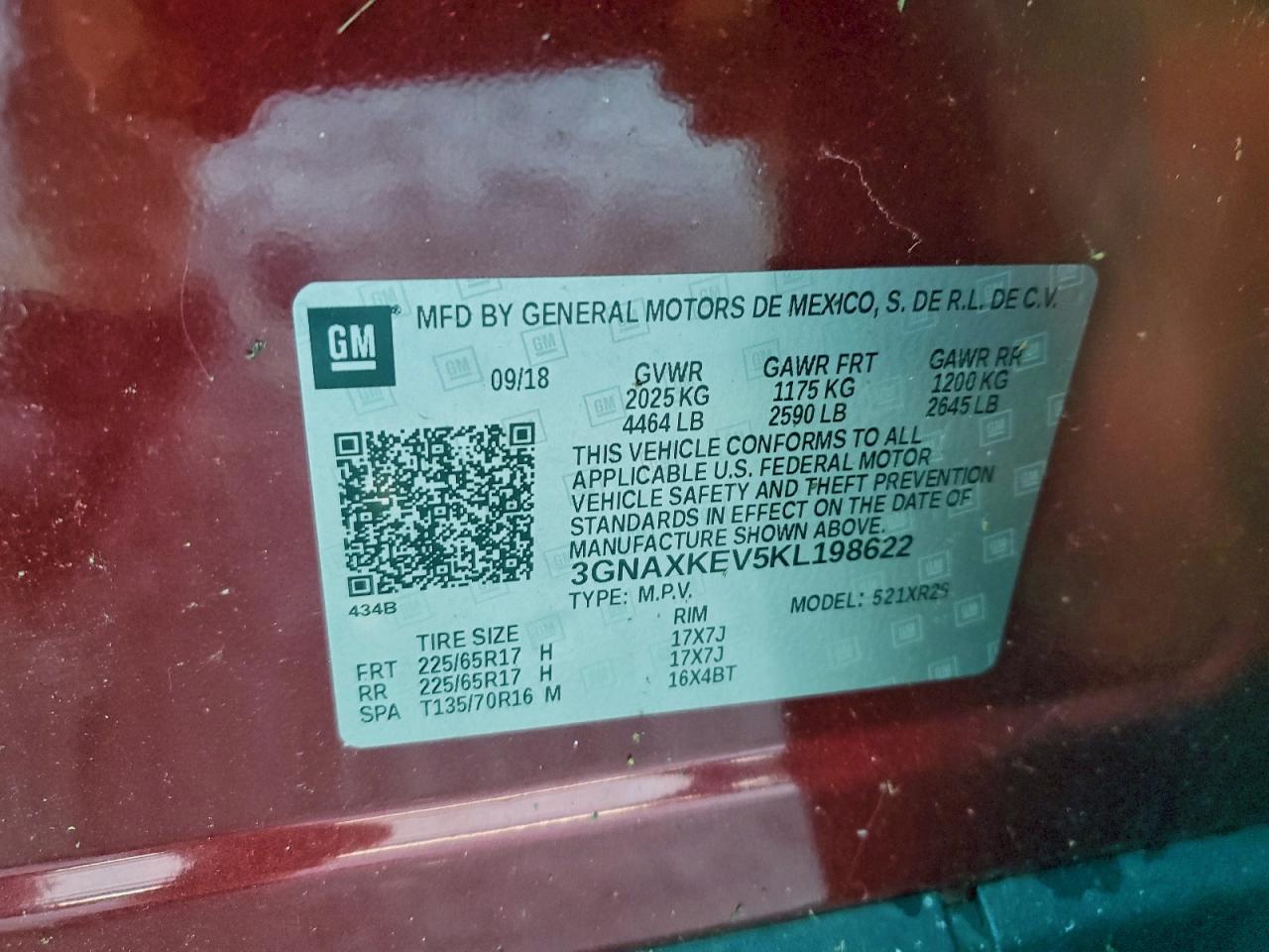 2019 Chevrolet Equinox Lt VIN: 3GNAXKEV5KL198622 Lot: 94151005