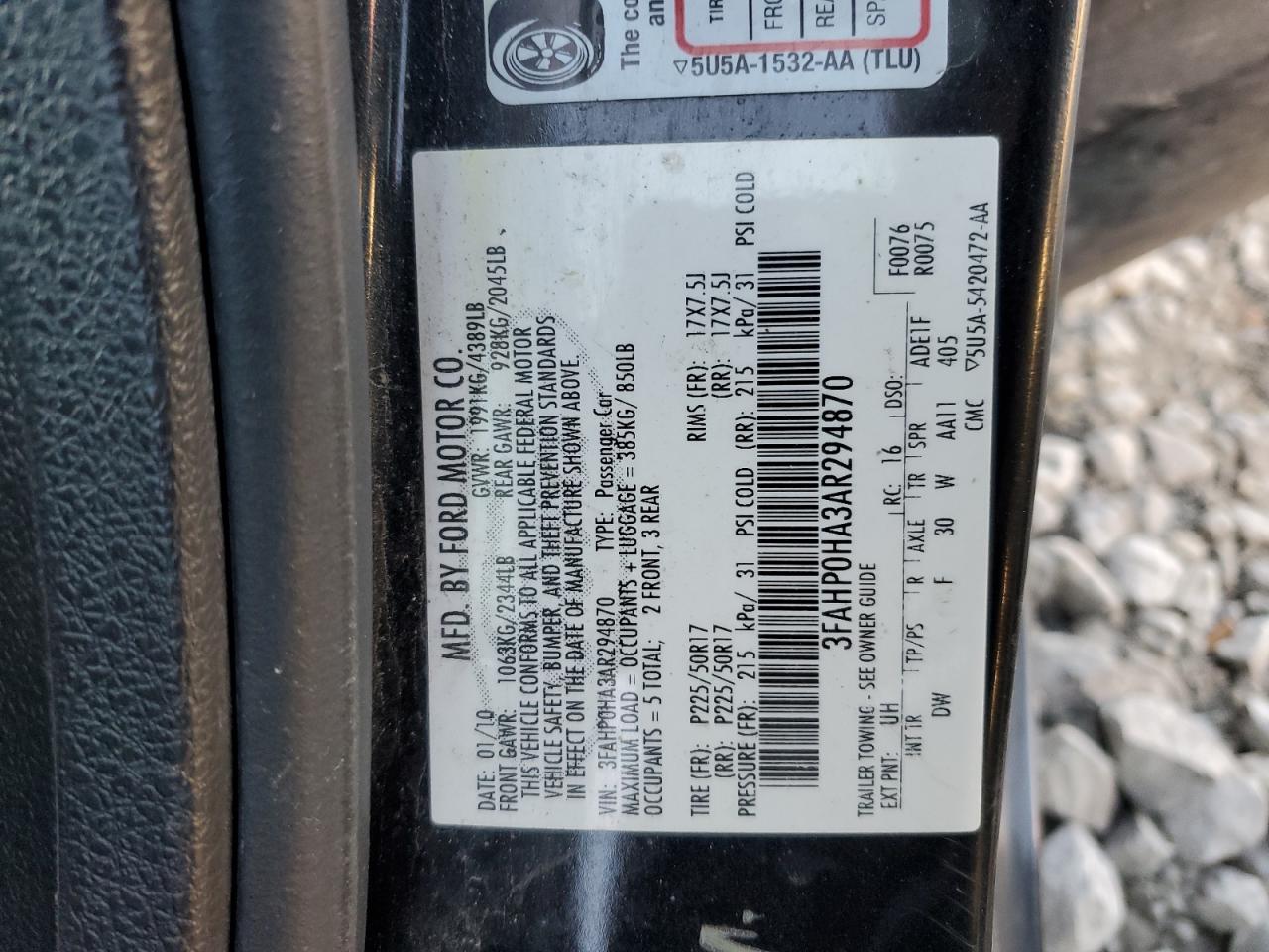 2010 Ford Fusion Se VIN: 3FAHP0HA3AR294870 Lot: 92202205