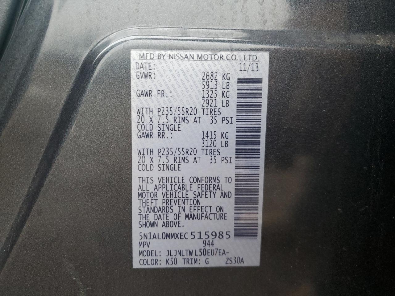 2014 Infiniti Qx60 VIN: 5N1AL0MMXEC515985 Lot: 93123185