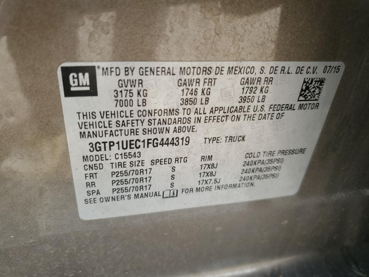 2015 GMC Sierra C1500 Sle VIN: 3GTP1UEC1FG444319 Lot: 93474255