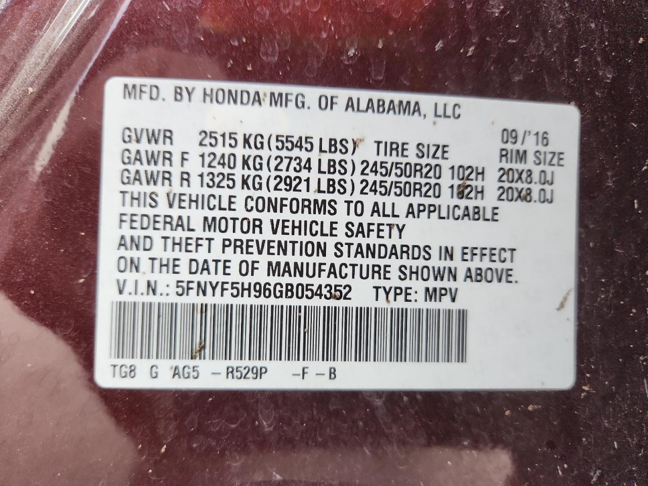 2016 Honda Pilot Touring VIN: 5FNYF5H96GB054352 Lot: 92401895