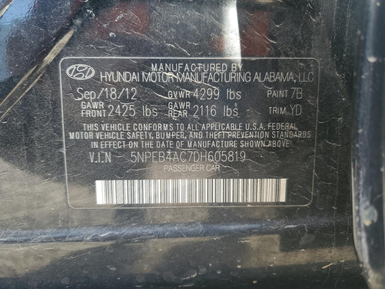 2013 Hyundai Sonata Gls VIN: 5NPEB4AC7DH605819 Lot: 92627085