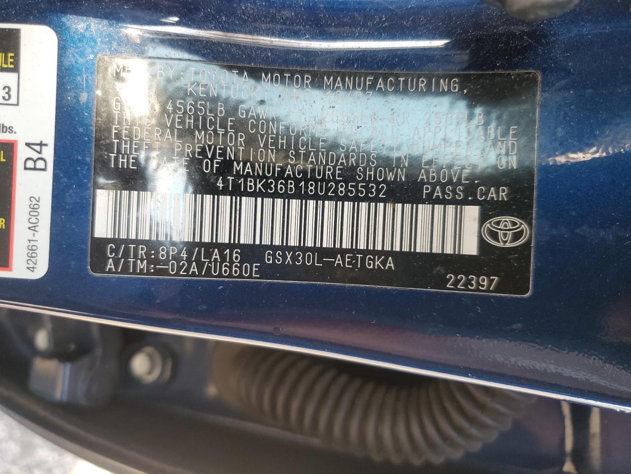 2008 Toyota Avalon Xl VIN: 4T1BK36B18U285532 Lot: 92995435