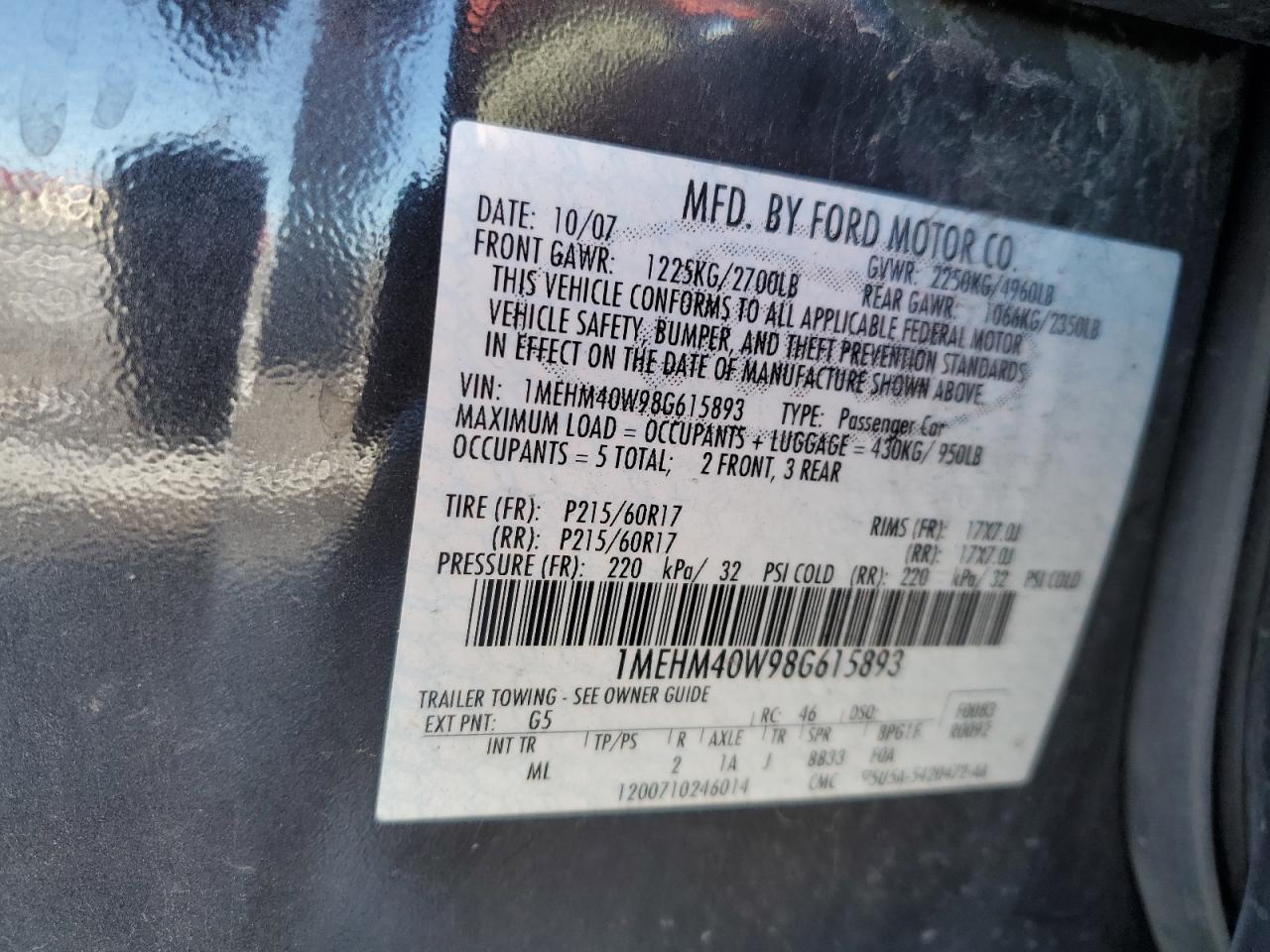 2008 Mercury Sable Luxury VIN: 1MEHM40W98G615893 Lot: 92215635