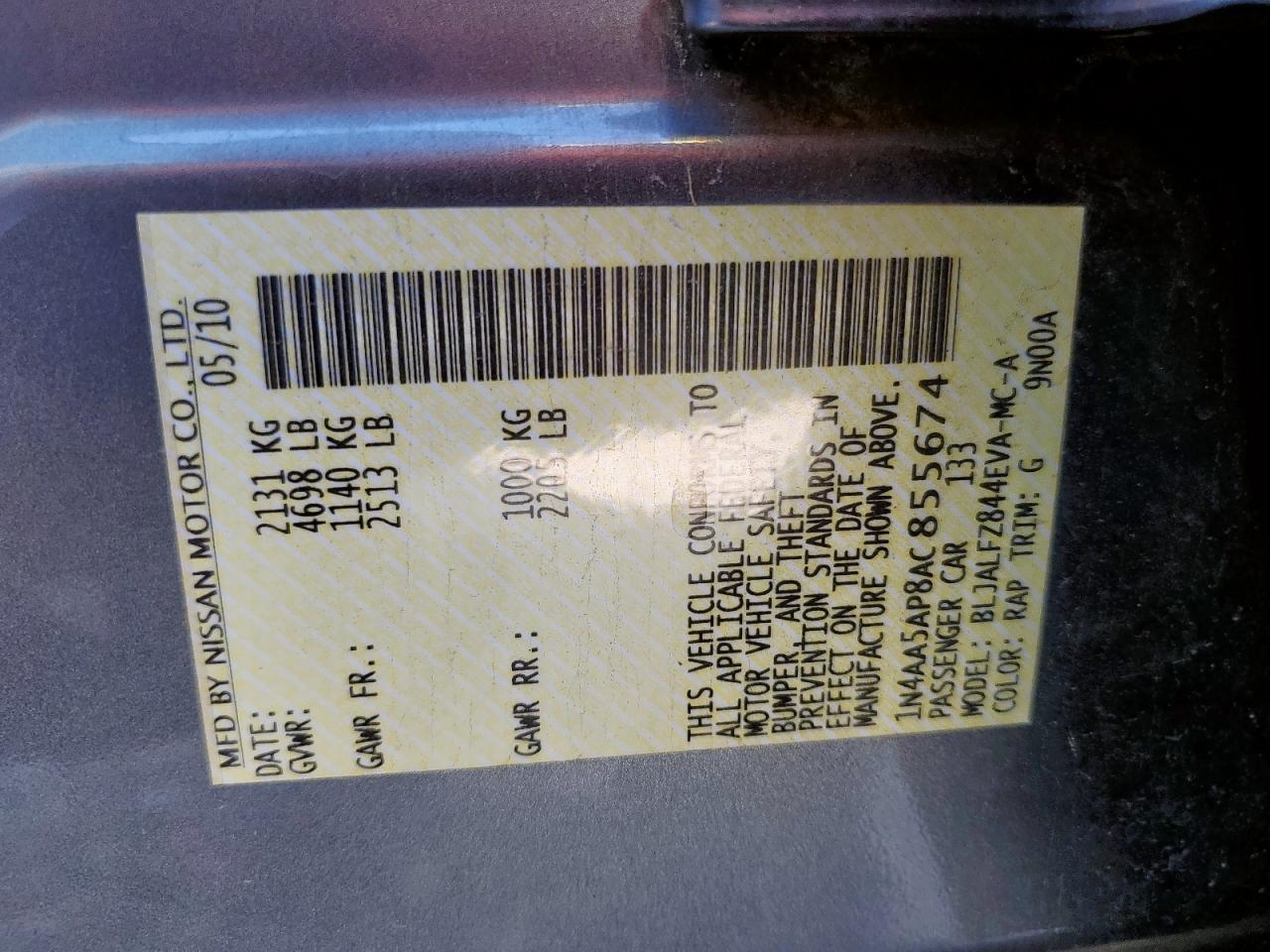 2010 Nissan Maxima S VIN: 1N4AA5AP8AC855674 Lot: 91637365