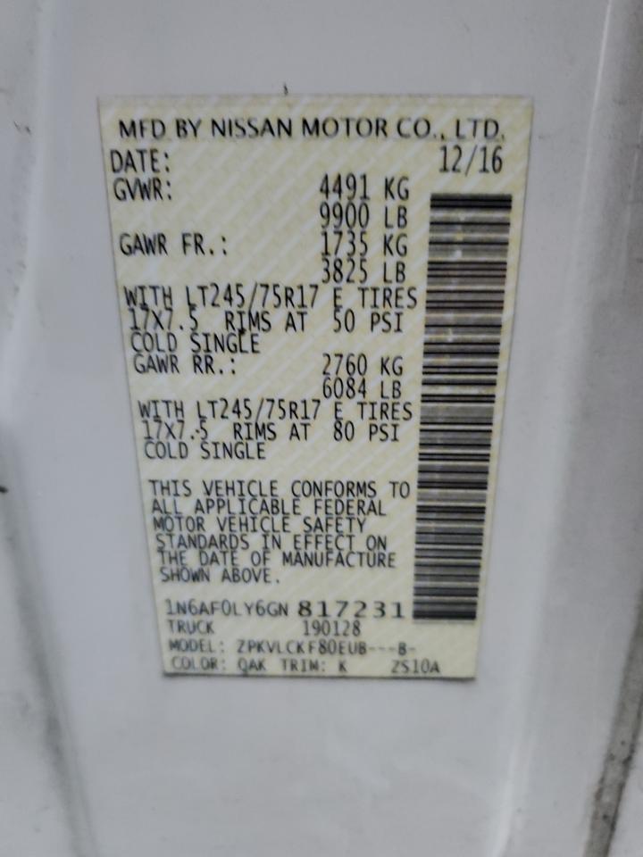 2016 Nissan Nv 2500 Delivery Van VIN: 1N6AF0LY6GN817231 Lot: 85423755