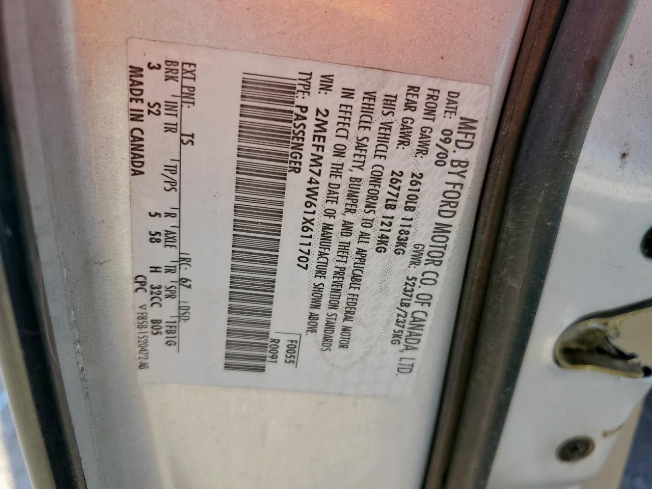 2001 Mercury Grand Marquis Gs VIN: 2MEFM74W61X611707 Lot: 91292005