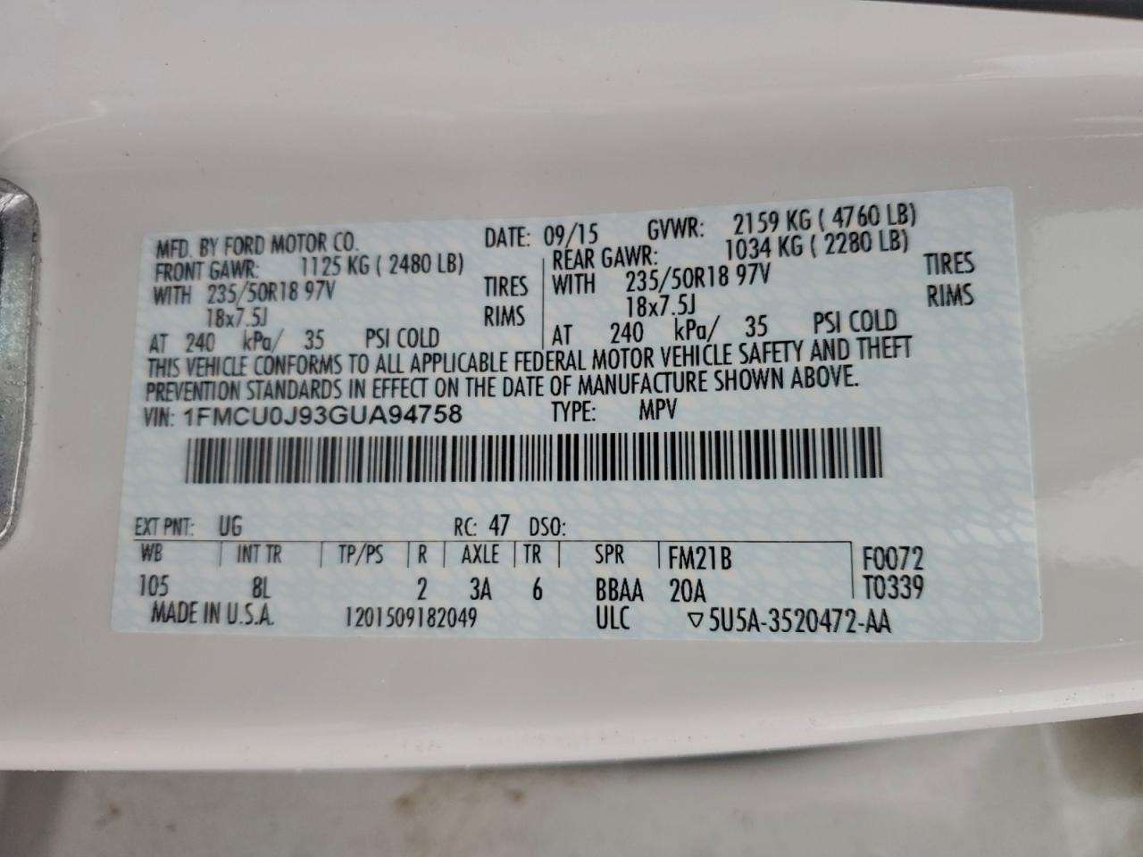 2016 Ford Escape Titanium VIN: 1FMCU0J93GUA94758 Lot: 94103525