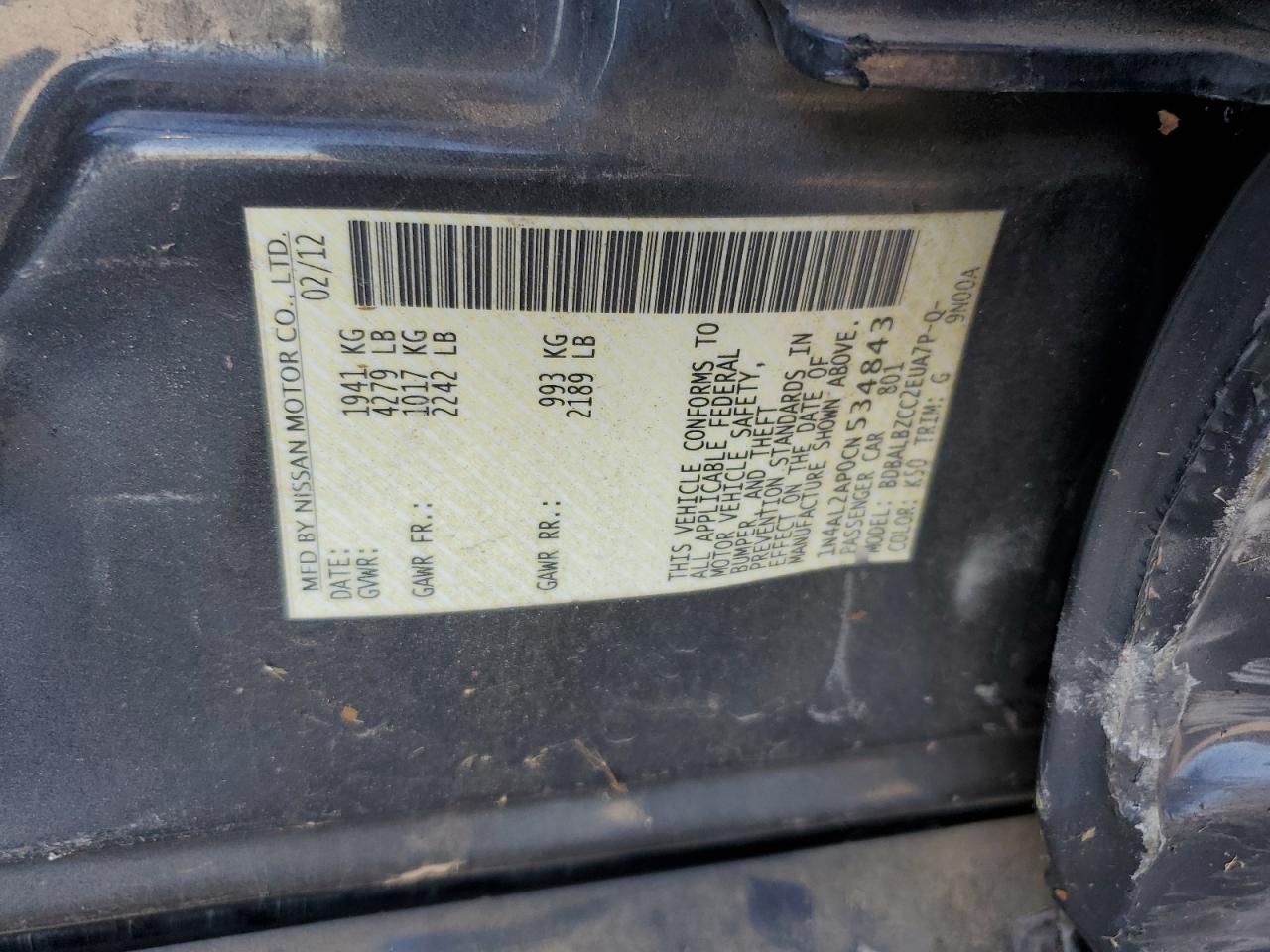 2012 Nissan Altima Base VIN: 1N4AL2AP0CN534843 Lot: 92189115